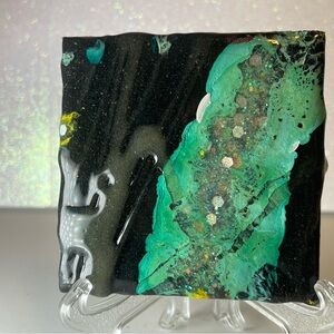 Abstract Black and Green Blacklight Resin Art Piece